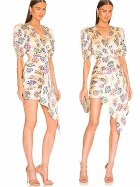RONNY KOBO Monica Silk Floral Print Ruched  Waist Short Sleeve V Neck Mini Dress